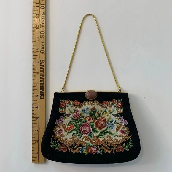 Vintage Floral Petit Point Rose Quartz Gold Filigree Embroidered Black Handbag - Picture 10 of 16